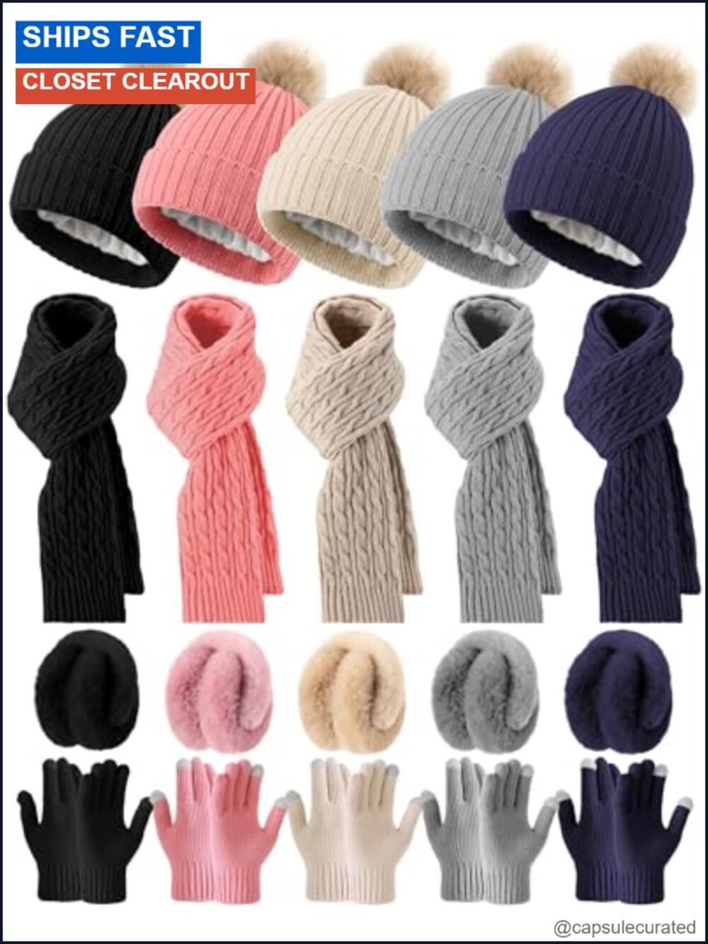 Winter Hat Scarf Gloves Earmuff Set 20 Pcs Knit Pompom Touchscreen Gloves